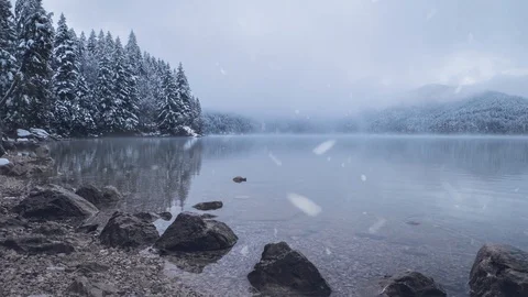 Winter scene at German Eibsee at Zugspitze Stock Footage 120077326