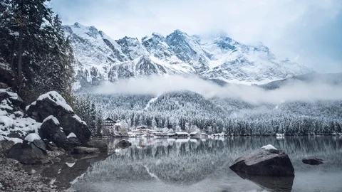 Winter scene at German Eibsee at Zugspitze Stock Footage 120077422