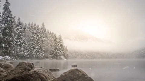 Winter scene at German Eibsee at Zugspitze Stock Footage 120077471