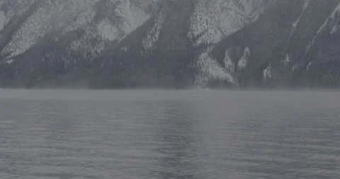 Winter scene of a lake and a pine tree forest covered with snow Stock Footage 150490752