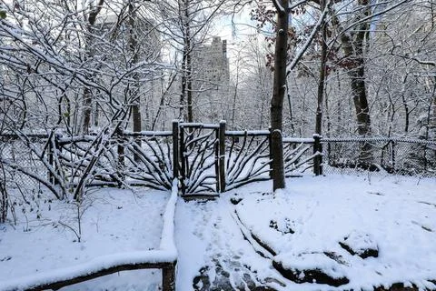 Winter scene of an old timber gate and rustic fence in Central Park Stock Photos