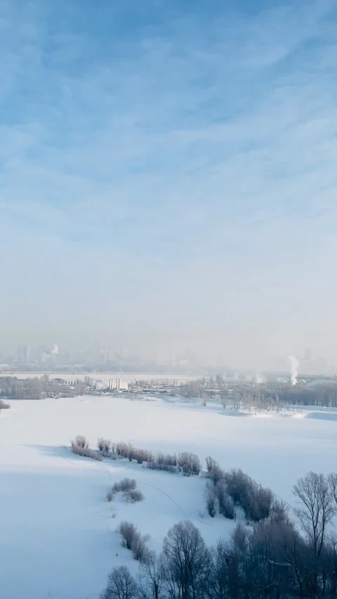 Winter scene, panoramic top view to river Ob and Novosibirsk Siberia, Russia Stock Footage 212478893