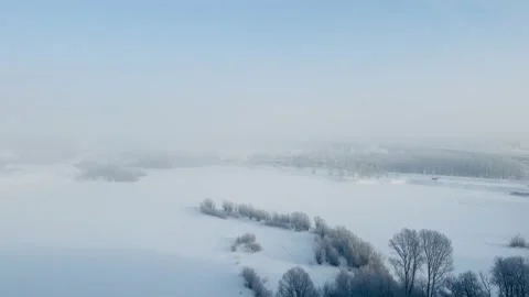 Winter scene, panoramic top view to frozen river Ob, Novosibirsk Siberia, Russia Stock Footage 212478931