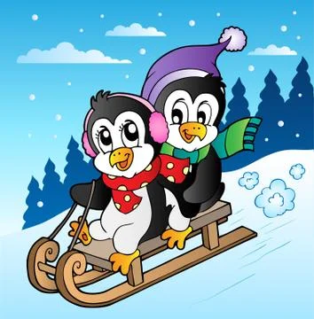 Winter scene with penguins sledging Stock Illustration