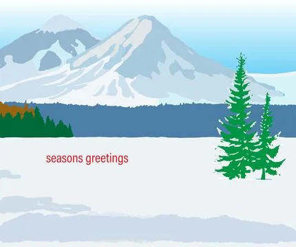 Winter scene of pine trees with the background of snow covered mountains with Stock Illustration