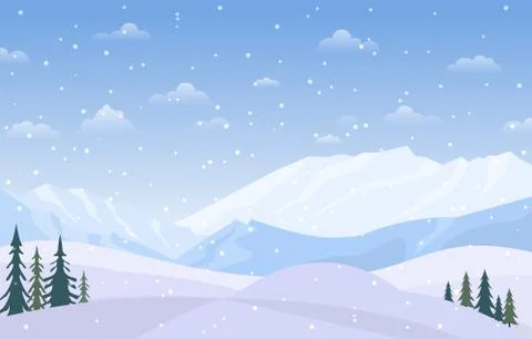 Winter Scene Snow Landscape with Pine Trees Mountain Vector Illustration 스톡 일러스트