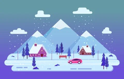 Winter Scene Snow Landscape with Pine Trees Mountain Simple Illustration Illustrazione stock