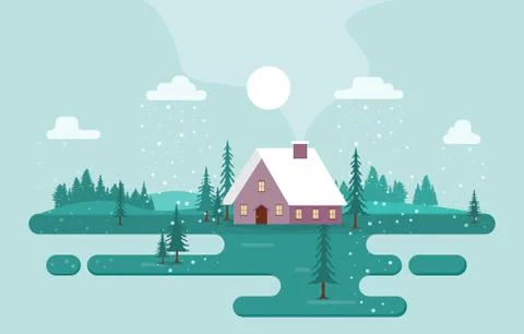 Winter Scene Snow Landscape with Pine Trees Mountain Simple Illustration Illustrazione stock