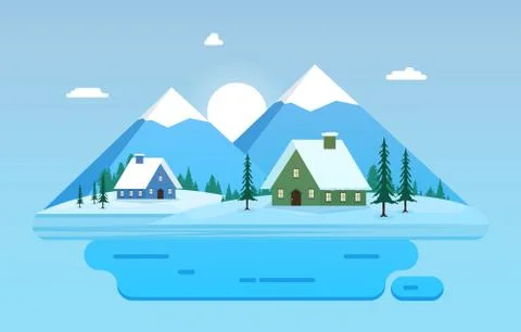 Winter Scene Snow Landscape with Pine Trees Mountain Simple Illustration Stock Illustration