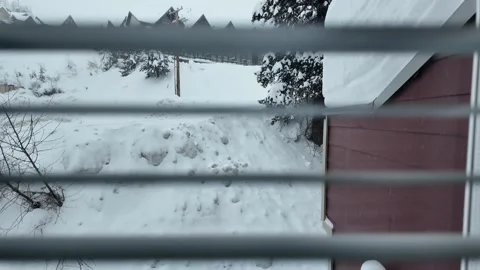 Winter Scene Through Blinds with Snow-Covered Landscape Stock Footage 263184939