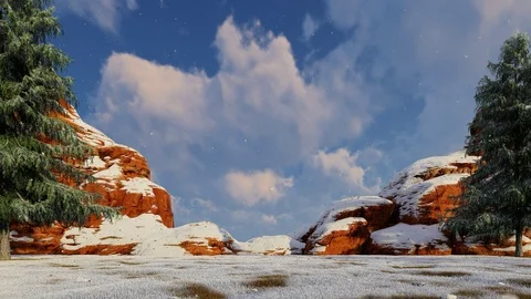 Winter scenery, natural environment with pine trees, snow falling, and Stock Footage 120398437