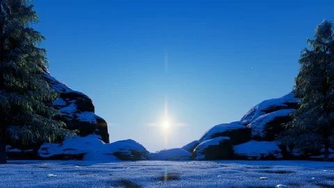 Winter scenery, natural environment with pine trees, snow falling, and Stock Footage 120398511