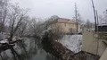 Winter scenery river with trees and buildings with fall of snow in Braunschweig 4k or 4k+ Resolution