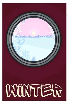 Winter scenery in a round circle window pane, frozen Stock Illustration