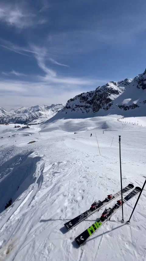 Winter scenery with skier’s ski on the slopes of French alps, Courchevel Stock Footage 337051981