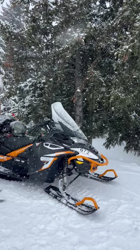 Winter scenery with a snowmobile on a snowy day Stock Footage 337004249