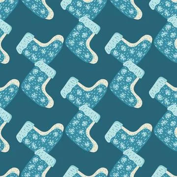 Winter seamless cozy pattern with knitted gift socks elements. Blue palette x Stock Illustration