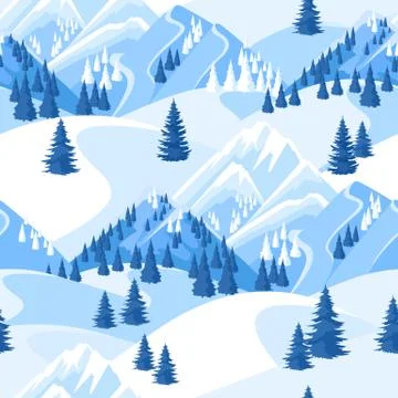 Winter seamless pattern. Beautiful landscape with snowy mountains and fir forest Illustrazione stock