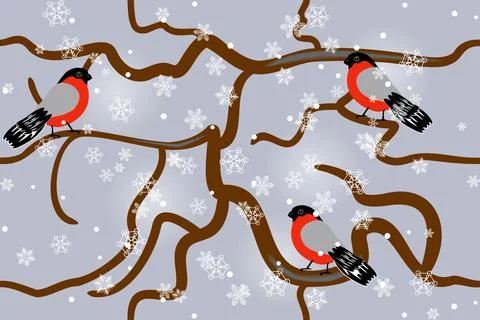 Winter seamless pattern - birds on branches in snowfall Stock Illustration