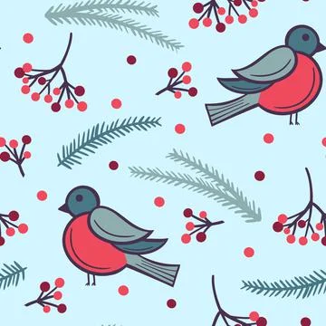 Winter seamless pattern with birds, fir branches and berries. Stock Illustration