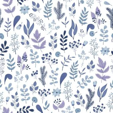 WInter seamless pattern with blue plants and flowers. Stock-Illustration