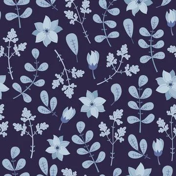 WInter seamless pattern with blue plants and flowers. Illustrazione stock