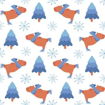 Winter seamless pattern with capybara on skates 스톡 일러스트