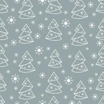 Winter seamless pattern with Christmas tree in origami form and snowflakes. Stock Illustration