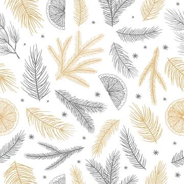 Winter seamless pattern with Christmas tree branches and berries. Vector Stock Illustration