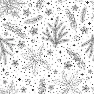 Winter seamless pattern with Christmas tree branches and berries. Vector Stock Illustration