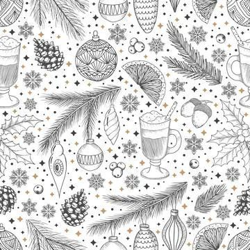 Winter seamless pattern with Christmas tree branches and berries. Vector Illustrazione stock