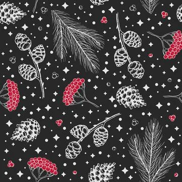 Winter seamless pattern with Christmas tree branches and berries. Vector Illustrazione stock