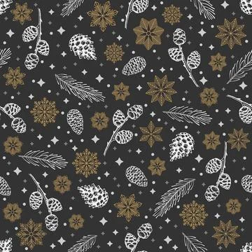 Winter seamless pattern with Christmas tree branches and berries. Vector Stock Illustration