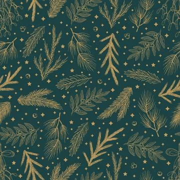 Winter seamless pattern with Christmas tree branches and berries. Vector 스톡 일러스트