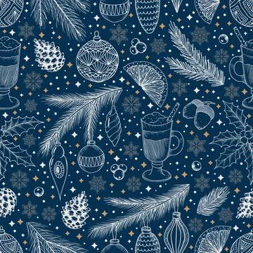Winter seamless pattern with Christmas tree branches and berries. Vector Stock Illustration