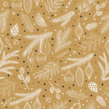 Winter seamless pattern with Christmas tree branches and berries. Vector Illustrazione stock