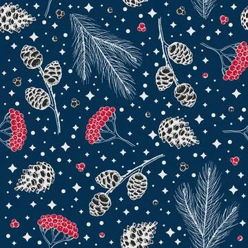 Winter seamless pattern with Christmas tree branches and berries. Vector Illustrazione stock
