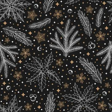 Winter seamless pattern with Christmas tree branches and berries. Vector Stock Illustration