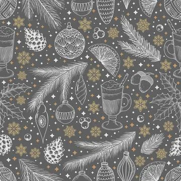 Winter seamless pattern with Christmas tree branches and berries. Vector Stock Illustration