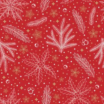 Winter seamless pattern with Christmas tree branches and berries. Vector Stock Illustration