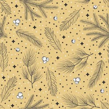 Winter seamless pattern with Christmas tree branches and berries. Vector 스톡 일러스트