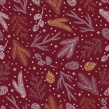 Winter seamless pattern with Christmas tree branches and berries. Vector Illustrazione stock