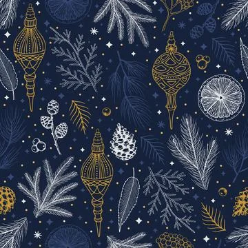 Winter seamless pattern with Christmas tree branches and berries. Vector Stock Illustration