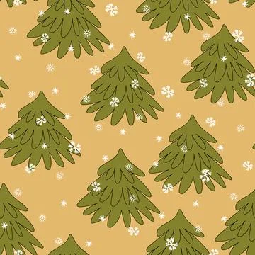 Winter seamless pattern with Christmas tree and snowflakes on color background Illustrazione stock