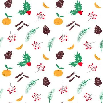 Winter seamless pattern with cone, berry, holly, branch, tangerine and cinnam Stock Illustration