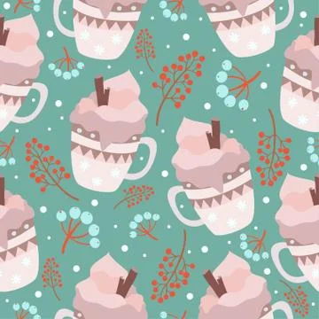 Winter seamless pattern with cups or mugs with cream and cinnamon sticks. Stock Illustration