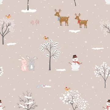 Winter seamless pattern with cute animals in the forest for Christmas or new  Stock Illustration