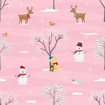 Winter seamless pattern with cute animals happy on winter forest,design for.. Stock Illustration
