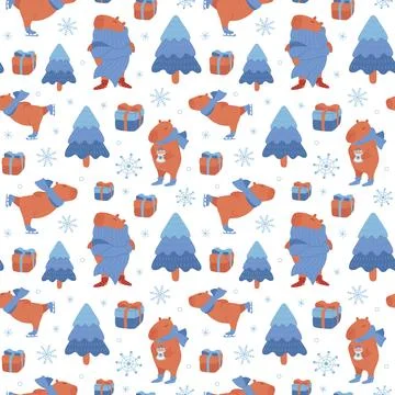 Winter seamless pattern with cute capybara Stock Illustration