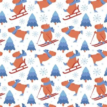 Winter seamless pattern with cute capybara and fir 스톡 일러스트